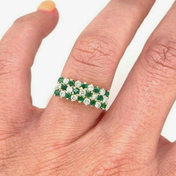 Vintage Emerald Diamond ThreeRow Cluster Gold Ring - Picture 4 of 4